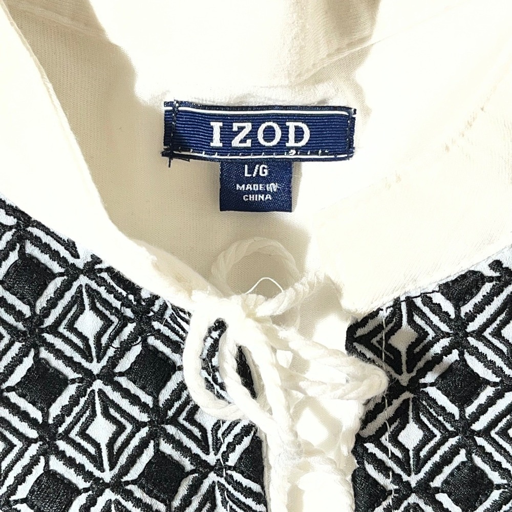 Izod Womens White Black Embroidered Peasant Blouse Tassel Tie Top IF1002 Large